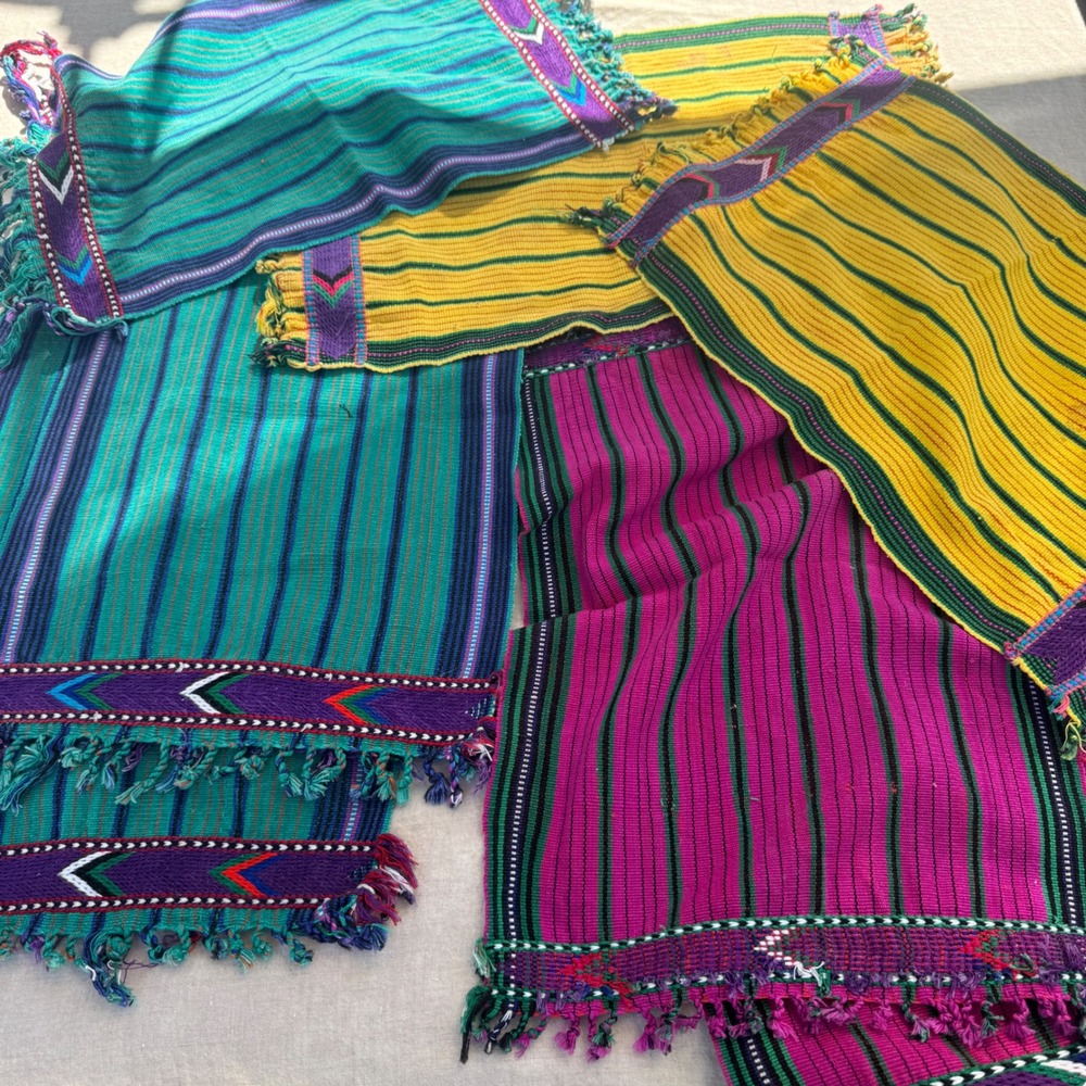 Vintage Woven Striped Placemats Set 8 Yellow Purple Mayan Fringe Tribal
